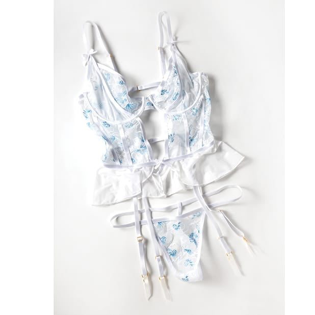 Oh La La Cheri - Elena Floral Embroidered Bustier with Ruffles and Matching Panty (White) OL1028 CherryAffairs