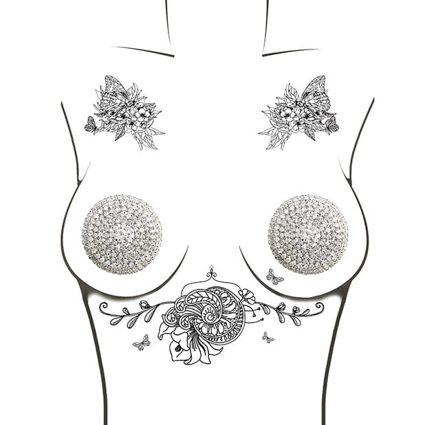 Neva Nude - Burlesque Big O Crystal Jewel Reusable Silicone Pasties Nipple Covers O/S (Silver) Nipple Covers