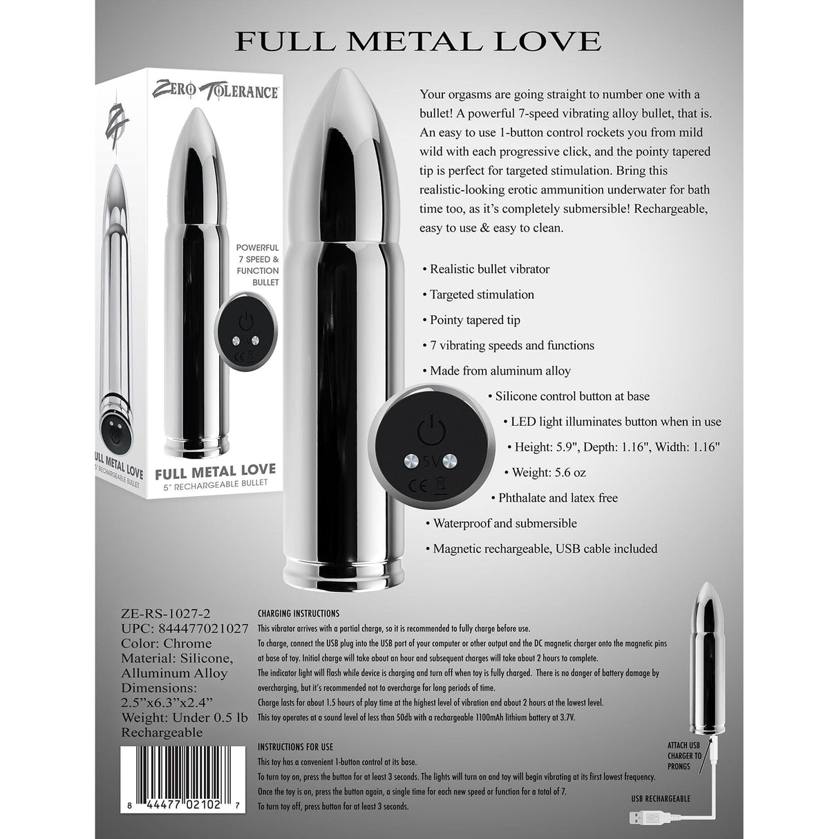 Zero Tolerance - Full Metal Love Rechargeable Bullet Vibrator (Silver) Bullet (Vibration) Rechargeable