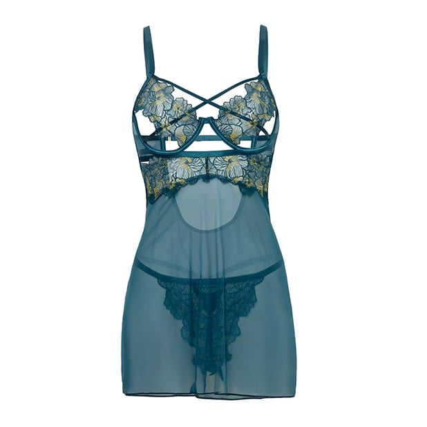 Oh La La Cheri - Daphne Lace and Mesh Babydoll with Embroidered Details and Crossing Elastics (Blue) CherryAffairs