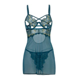 Oh La La Cheri - Daphne Lace and Mesh Babydoll with Embroidered Details and Crossing Elastics (Blue) CherryAffairs