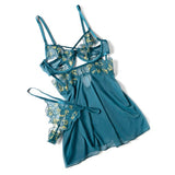 Oh La La Cheri - Daphne Lace and Mesh Babydoll with Embroidered Details and Crossing Elastics (Blue) CherryAffairs