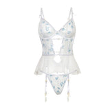 Oh La La Cheri - Elena Floral Embroidered Bustier with Ruffles and Matching Panty (White) OL1028 CherryAffairs